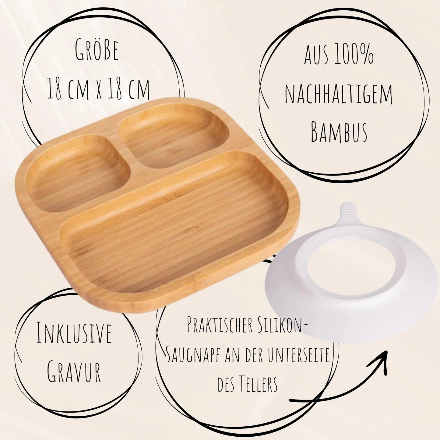 Bambusteller mit Saugnapf und Besteck
